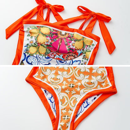 2024 Vintage Pattern Printed One Piece Swimsuit Swimwear Bikini Set Women Beachwear Clearance Wholesale