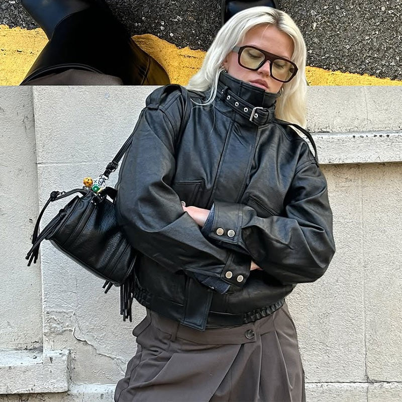 Fashion PU Leather Stand Up Coat for Women Casual Long Sleeve Zipper Lady Jackets 2025 Autumn New Female Outerwear High Street