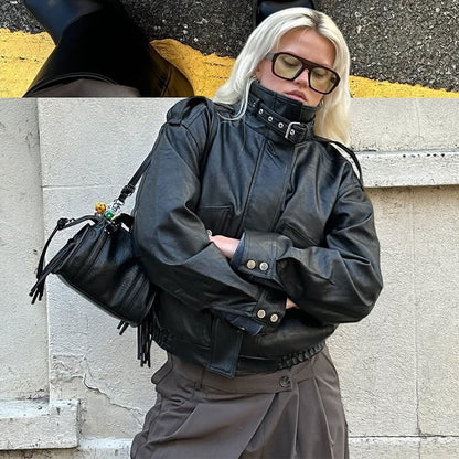 Fashion PU Leather Stand Up Coat for Women Casual Long Sleeve Zipper Lady Jackets 2025 Autumn New Female Outerwear High Street