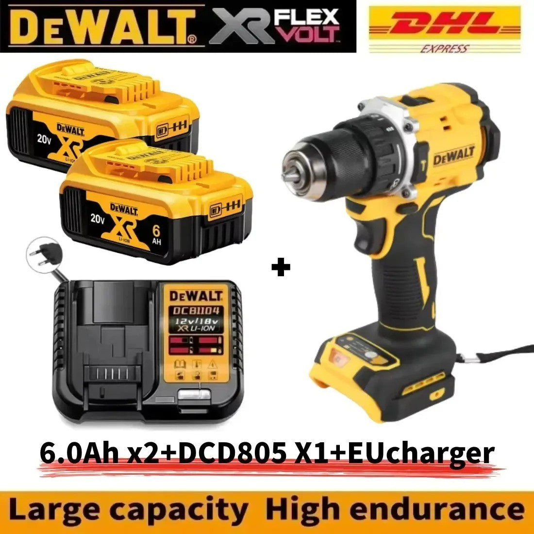 Original.DEWALT.DCD805. Bateria 20V + Ferramentas Elétricas Parafusadeira de Impacto Sem Fio Chave de Fenda Elétrica Furadeira Manual Multifuncional