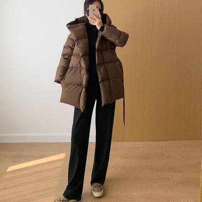 2025 Winter Women's Down Jackets Ultra Light Warm Cusual Coat Female Puffer Jacket With Belt Plus Size Hooded Short Parka
