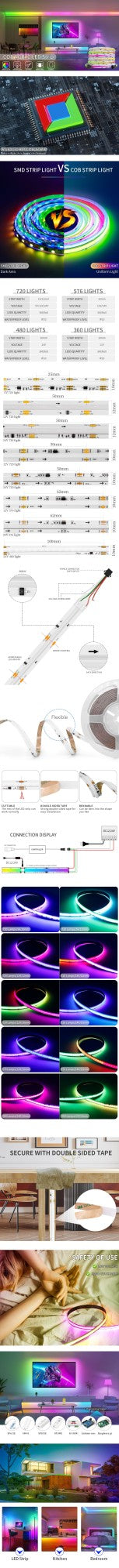 WS2811 RGBIC COB LED Strip Lights 576/720Leds WS2812B Full Dream Color Tape Addressable Smart SPI FCOB Light RA90 DC12/24V