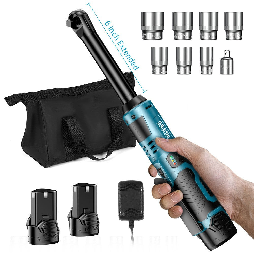 Chave Catraca Estendida SEESII 6" Chave Elétrica Sem Fio 3/8" 55Nm 12V Chave de Ângulo Recarregável Ferramentas para Reparo Automotivo c/2 Baterias