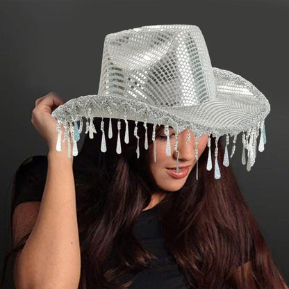 L5YA Eye-catching Panama Hat Studded Mirrored Party Hat for Women Halloween Costume Decorative Raindrop Tassels