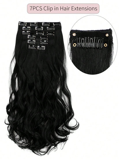 7 peças, onda grande, preto, 22 polegadas, médio, aplique de cabelo sintético com clipe