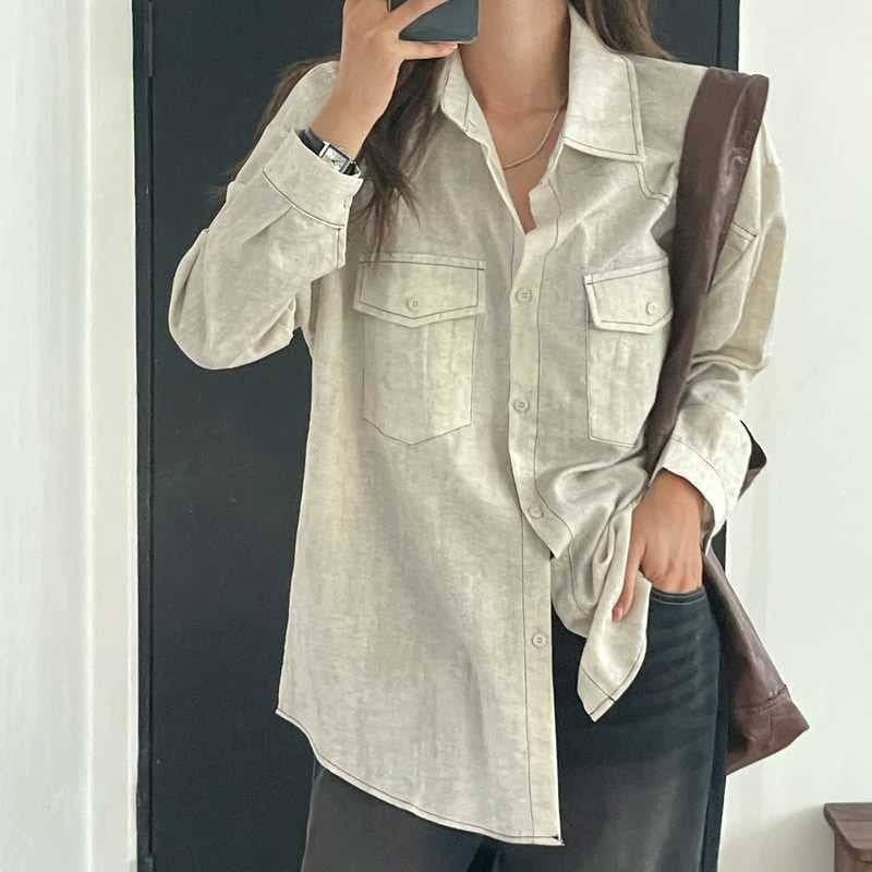 Loose Long Sleeve Casual Denim Shirt Korean Style Loose Fit Shoulder Casual Shirt Pure Color Shirt City Style Commute Shirt