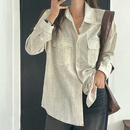Loose Long Sleeve Casual Denim Shirt Korean Style Loose Fit Shoulder Casual Shirt Pure Color Shirt City Style Commute Shirt