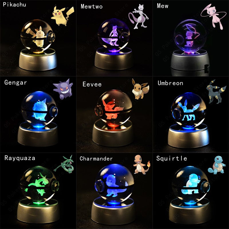 Esfera de Cristal 3D Pokémon 7CM 5CM Mewtwo Pikachu Gengar Bola de Cristal de Vidro Pokémon Pokebola Luminária Noturna LED com Base de Presente