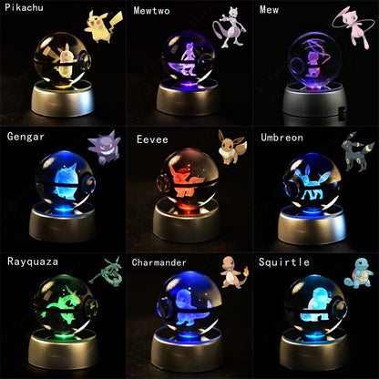 Esfera de Cristal 3D Pokémon 7CM 5CM Mewtwo Pikachu Gengar Bola de Cristal de Vidro Pokémon Pokebola Luminária Noturna LED com Base de Presente