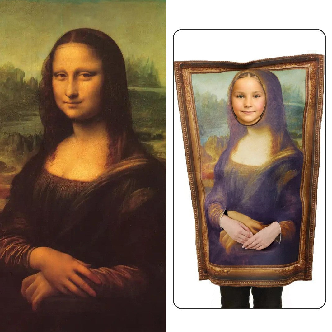Funny Daddy Poo Costume & Mona Lisa Parody Mural Cosplay Outfit for Halloween School Party Parent-Child Matching Set