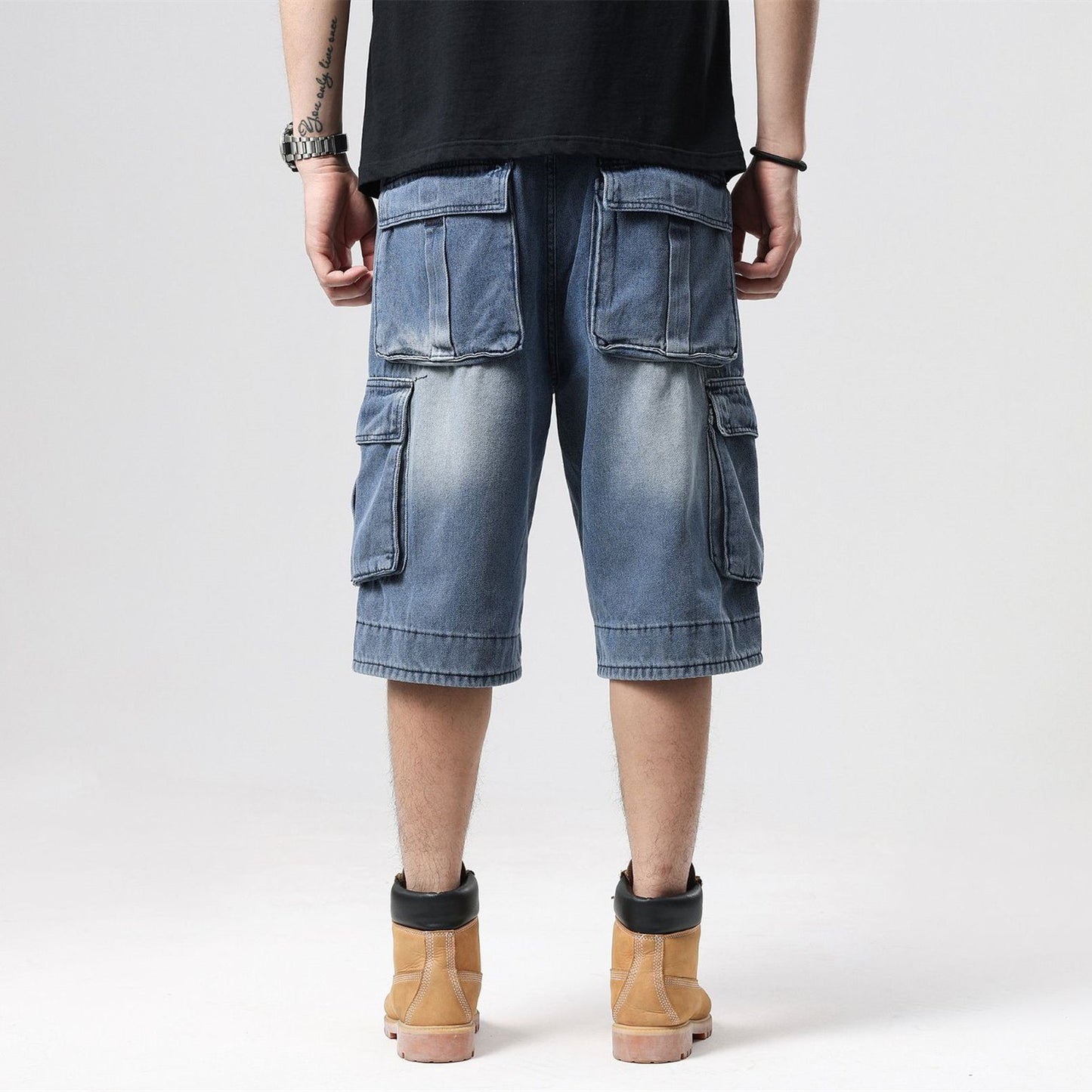 ABOORUN Mens Plus Size Loose Baggy Denim Shorts Fashion Streetwear Hip Hop Skateboard Cargo Jeans Short for Male R1402