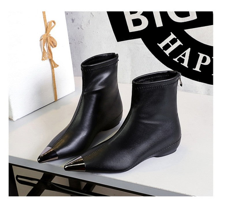 Retro European American Style Versatile Low Heel Heel Heightened Metal Pointed Iron Head Short Tube Women's Boots Short Boots