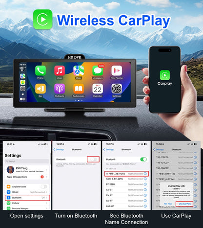 Gravador de Vídeo DVR 4K de 10/11,26 Polegadas com CarPlay e Android Auto Sem Fio, Câmera Veicular, Áudio Bluetooth, Navegação GPS e Duas Lentes para Painel