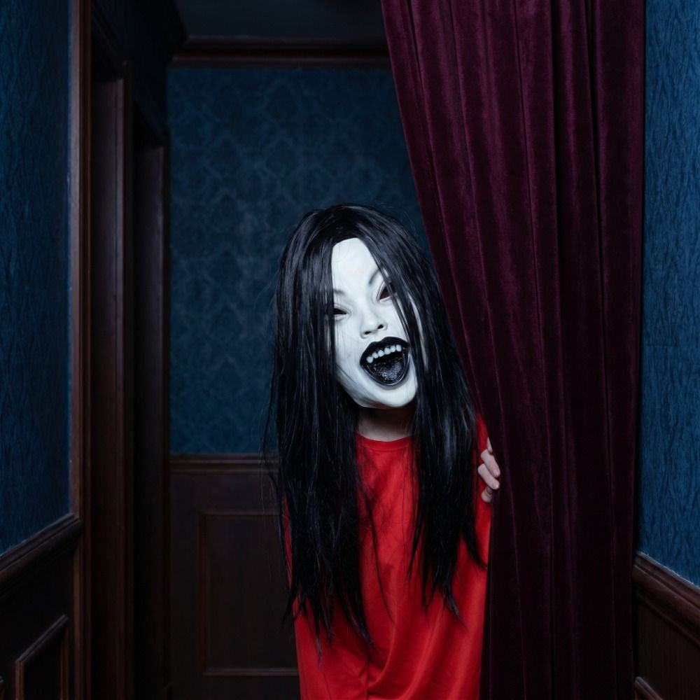 Latex Mask Scary Woman Masks Realistic Long Hair Party Cosplay Costume Ghostface Design Black Lips Creepier Headgear