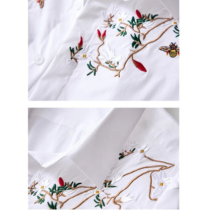 Black Mens Embroidered Long Sleeve Shirt, Black Single Breasted Lapel Casual Shirts, Asian Size M-6XL