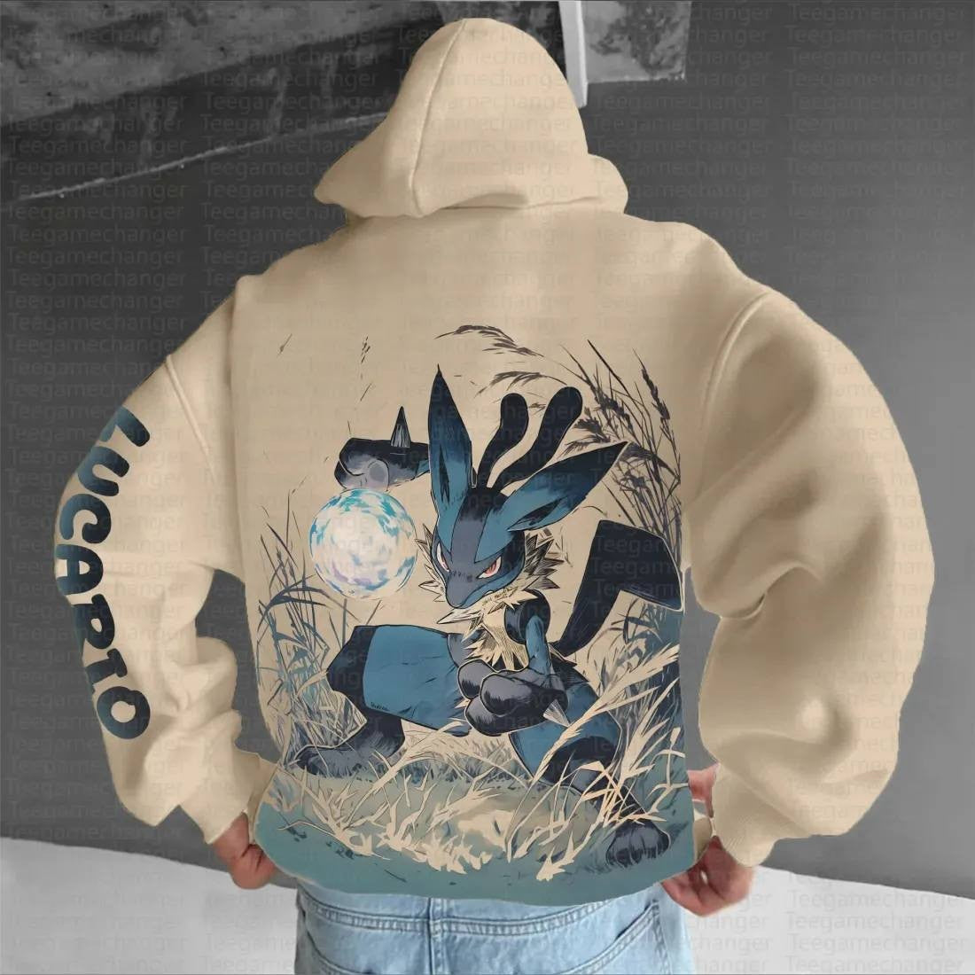 Beige Cotton Pokemon Hoodie Set with Lucario Character Back Print and Sleeve Text Design Long Sleeve Casual Outfit Unisex