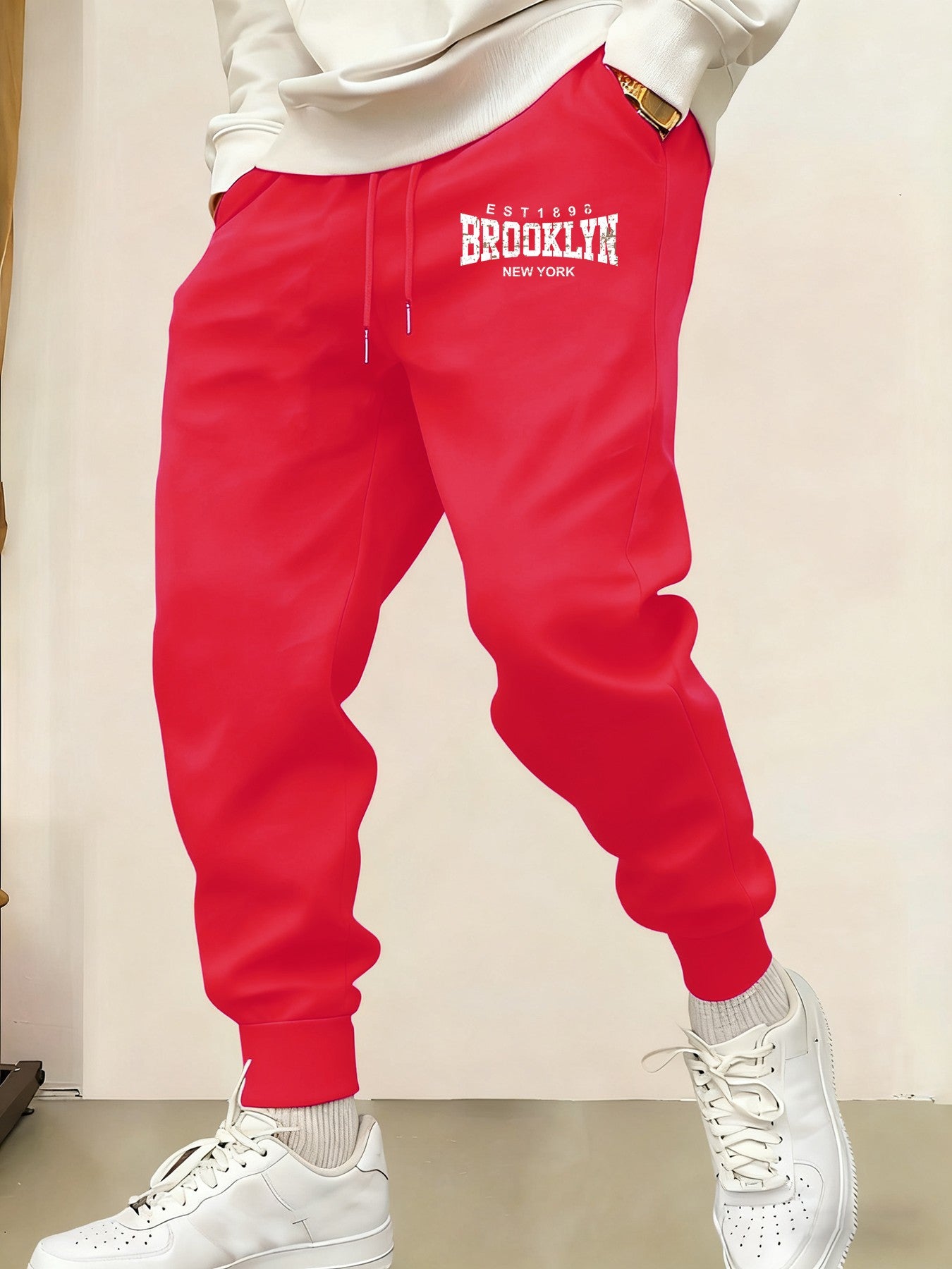 Calça Moletom Masculina Brooklyn New York Estampada Quente Confortável Calças Longas Jogger Básica Bolsos Cintura Elástica Calça Versátil
