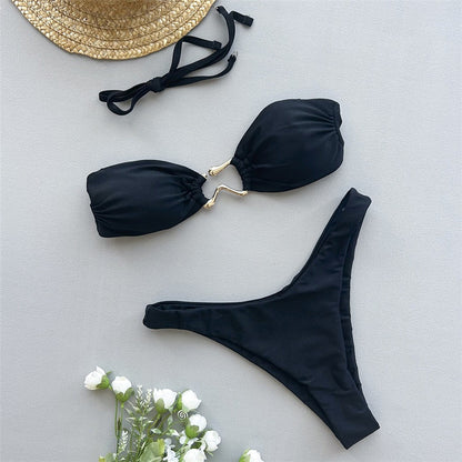 Solid Pink Bandeau Micro Bikini Thong Metal Ring Sexy Swimsuit Women Holiday Ladies Swimwear High Cut Bathing Suit Bikinis Sets