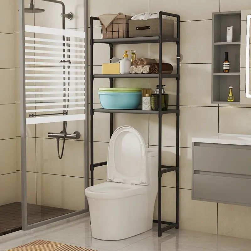 3-Tier Metal Bathroom Rack | Over Toilet Storage Shelf, No Drill Freestanding Organizer with Black Frame