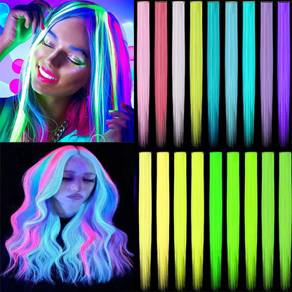 Extensões de Cabelo Presilha Luminosas Neon, 9 peças, para Festas, Festivais, Natal, que Brilham no Escuro, Acessórios de Cabelo Sintéticos para Mulheres
