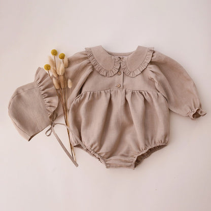 2Pcs Spring Baby Girls Playsuit With Hat Long Sleeves Newborn Romper Cotton Linen Fabric Infant Clothes