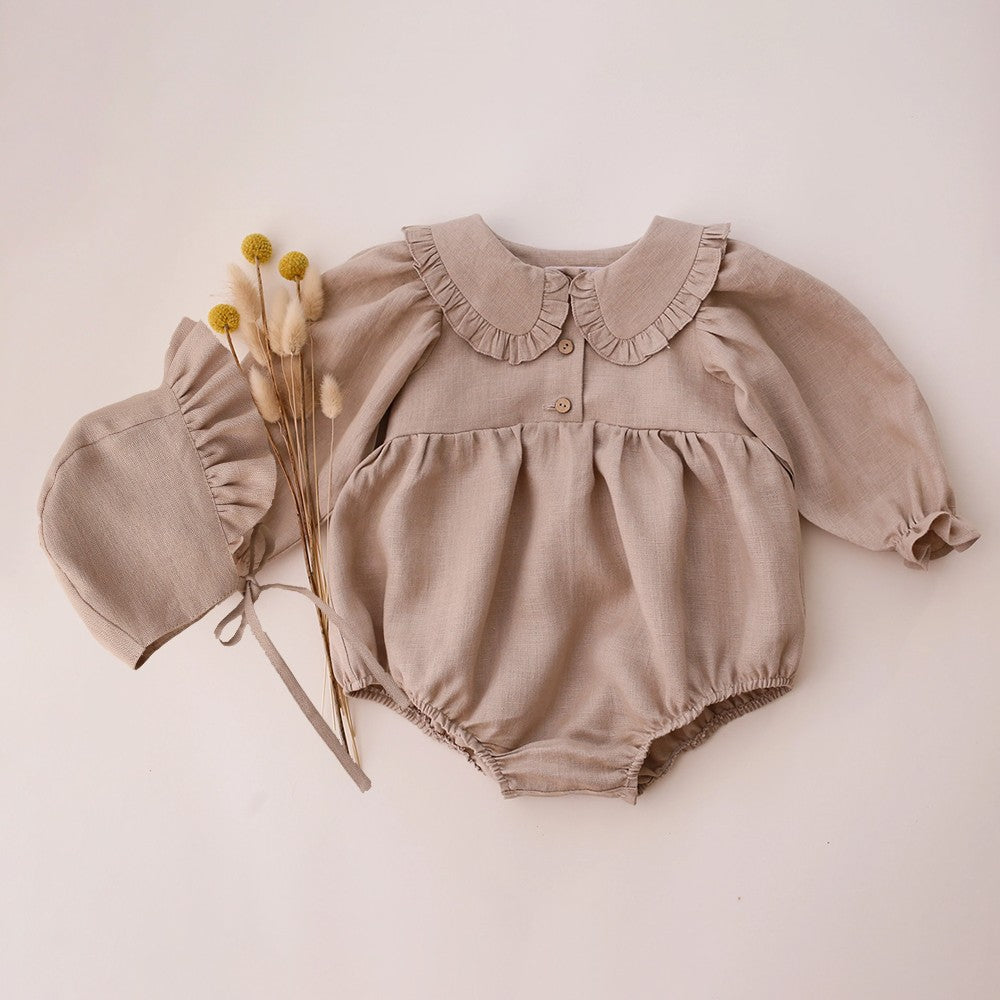 2Pcs Spring Baby Girls Playsuit With Hat Long Sleeves Newborn Romper Cotton Linen Fabric Infant Clothes