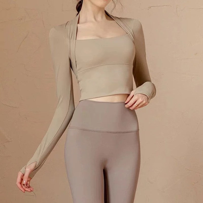 Women's Elegant Long Sleeve Yoga Shawl Sports Top with Chest Cushion Short Elegant Yoga Top Small Camback Pura Speed Dry Autumn