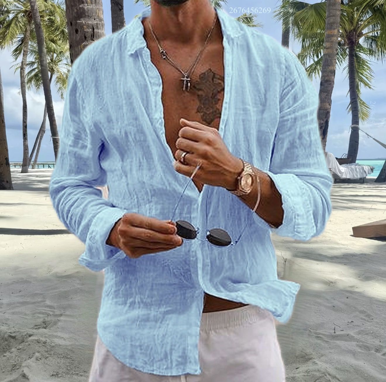 Men's cotton and linen shirt tops simple lapel solid color shirt tops comfortable loose casual vacation shirt express delivery