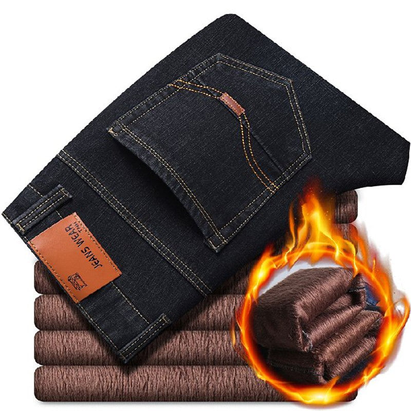 Men New Winter Warm Jeans Male Fleece Lined Thickened Denim Pants Loose Straight Cold Protection Casual Breathable Trousers