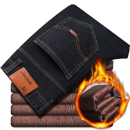 Men New Winter Warm Jeans Male Fleece Lined Thickened Denim Pants Loose Straight Cold Protection Casual Breathable Trousers