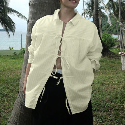 INCERUN Men Striped Shirt Lapel Long Sleeve Lace Up Hollow Out Men Clothing Oversize Korean Style Streetwear Casual Shirts Men