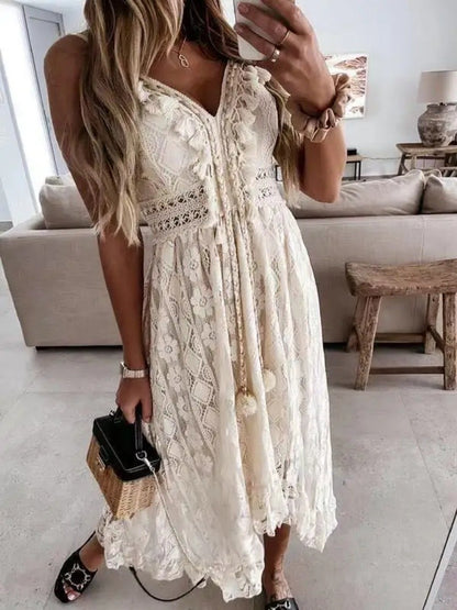 2024 Summer Lace Sleeveless Women Dress V Neck Hollow Out Elegant Loose Dresses