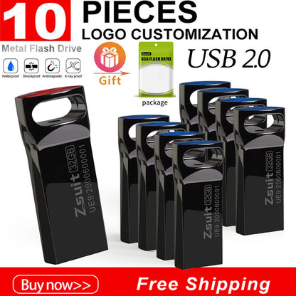 Zsuit 10 Peças/lote Pen Drives USB 64GB Mini Metal Capacidade Real 128GB Memory Stick Pen Drive 32GB Logotipo Personalizado Armazenamento U Disk