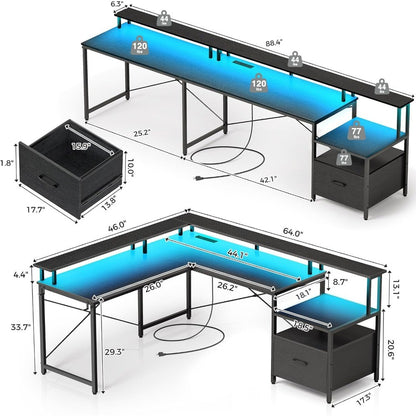 Computer Desk With File Drawer, 64" L Shaped Computer Corner Desk With Power Outlet & LED Strip, Home Office Desk With Monitor-H