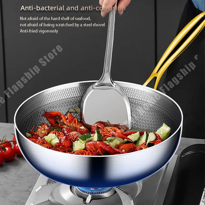 Panela Wok de Aço Inoxidável 316 Antiaderente Favo de Mel para Cozinhar Bife Fogão a Gás Panela de Indução Geral Utensílio de Cozinha