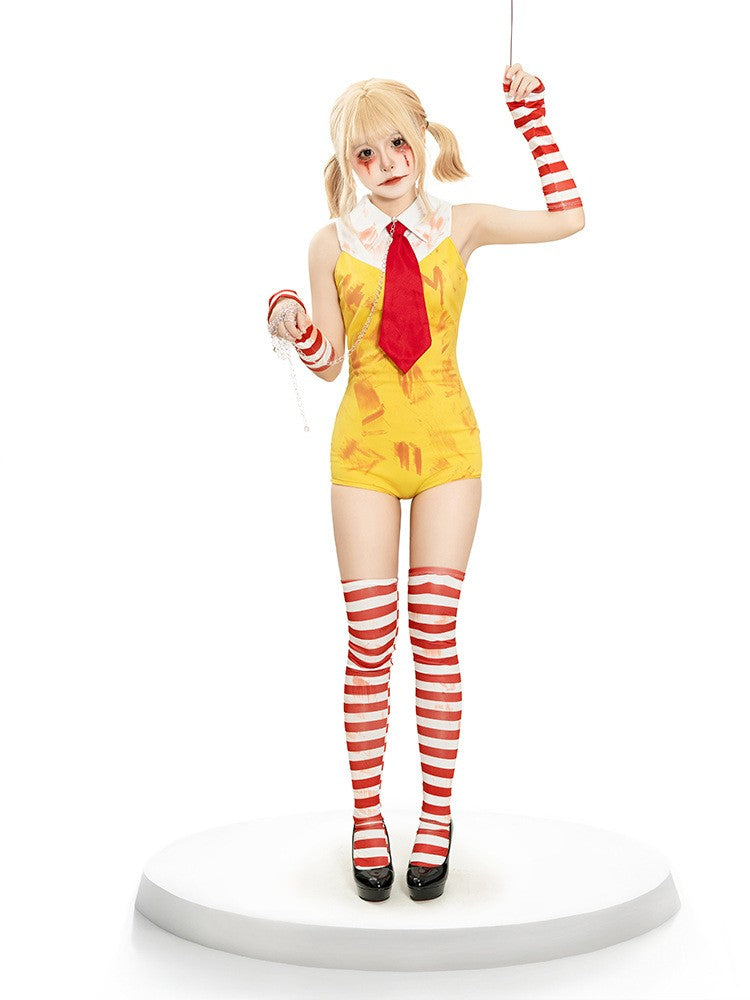 Women Halloween Funny Clown Girl Cosplay Jumpsuit Complete Accessory Set Ladies Party Roleplay Costume Cute Carnival Slim Outfit