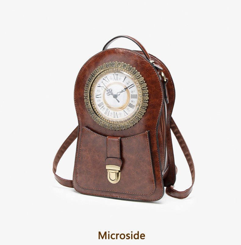 Vintage Clock Backpack, Clock-Style Fashion Shoulder Bag, Crossbody Backpack, Trendy Cool Clock Design, Large-Capacity Multifunctional Travel Bag, British Style Vertical Party Backpack, Waxed Leather Three-Dimensional Bag, Holiday Gift for Christmas