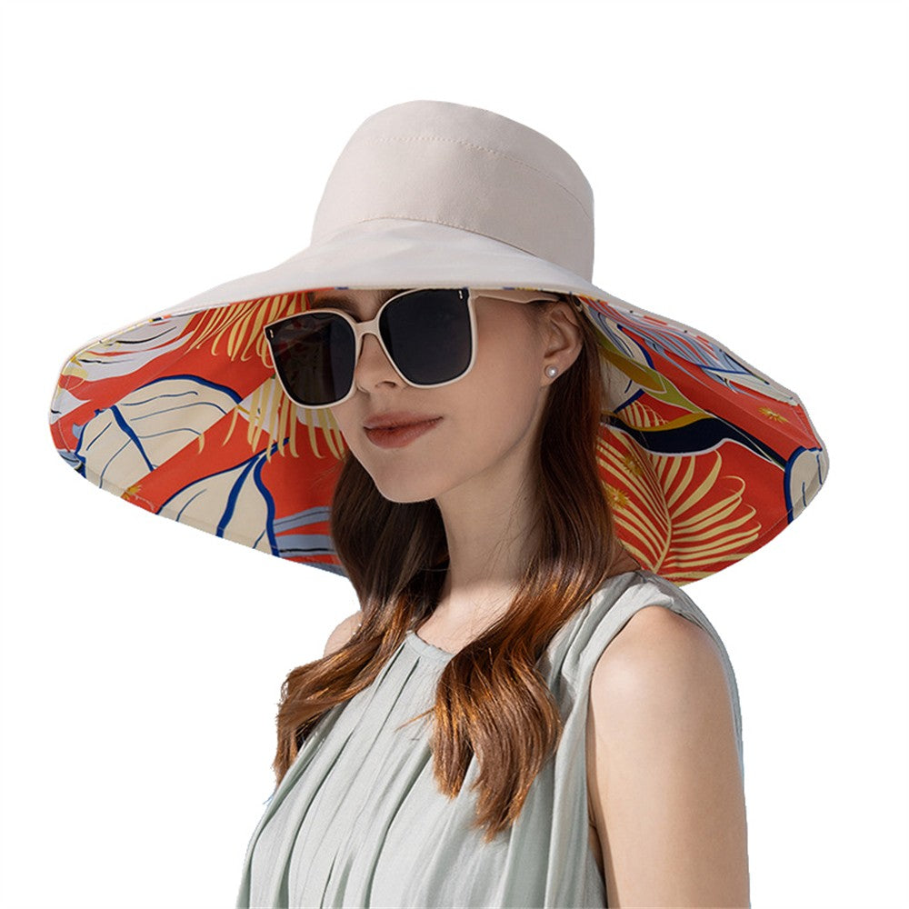 Chapéu Feminino de Verão Dupla Face com Aba Larga Proteção Solar Flor Praia Elegante Ao Ar Livre Protetor Solar Atacado Novo