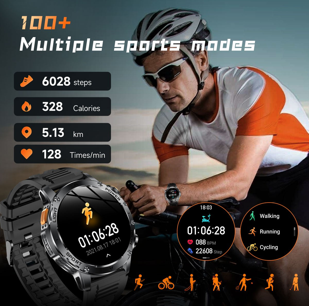 Smartwatch Militar Novo 2025 Bateria 1000mAh Monitoramento Fitness 10ATM À Prova D'Água Táticas Esportivas Lanterna Pulseira para Chamadas Masculino
