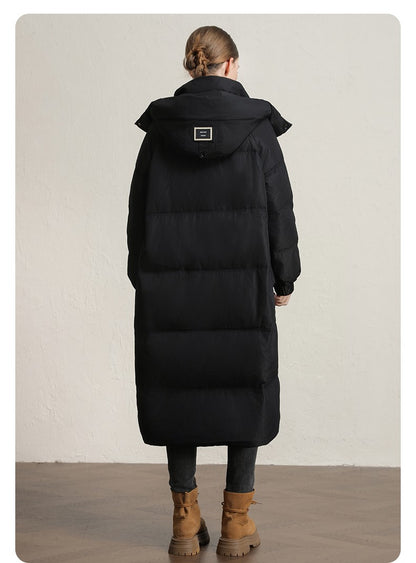 CLARKE QUEEN Long Down Jacket for Women Winter Duck Down Coat Hooded Over-the-Knee Casual Thickened Fitted Padded Puffer Coat