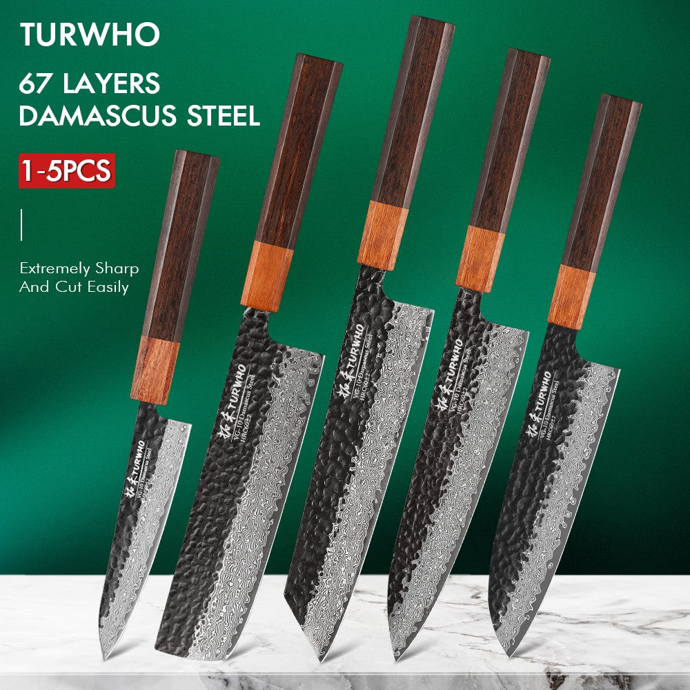 TURWHO 1-5PCS Kitchen Knives Set Hand Forged Damascus Steel Japanese Handmade Chef Knife Cleaver Santoku Utility Cooking Tools