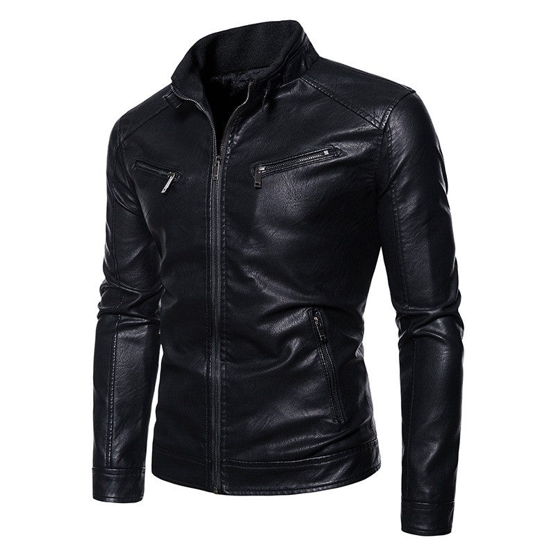 Spring Autumn Men Motorcycle Jacket Retro Slim Fit Casual Coat Stand Collar Leather Jackets Zipper Outerwear Windproof PU Coat