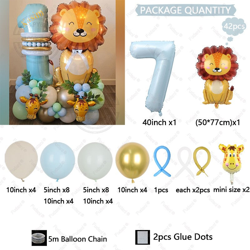 42pcs Mini Giraffe Sitting Lion Balloon 40 inch Baby Blue Number 1-9 Birthday Balloon Set Jungle Animal Theme Party Decoration