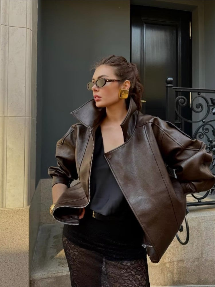 NERHEFZ Women Leather Jacket with Zipper Autumn Asymmetry Turn Down Collar Long Sleeve Button Lady Coats Causal Female Chic Tops