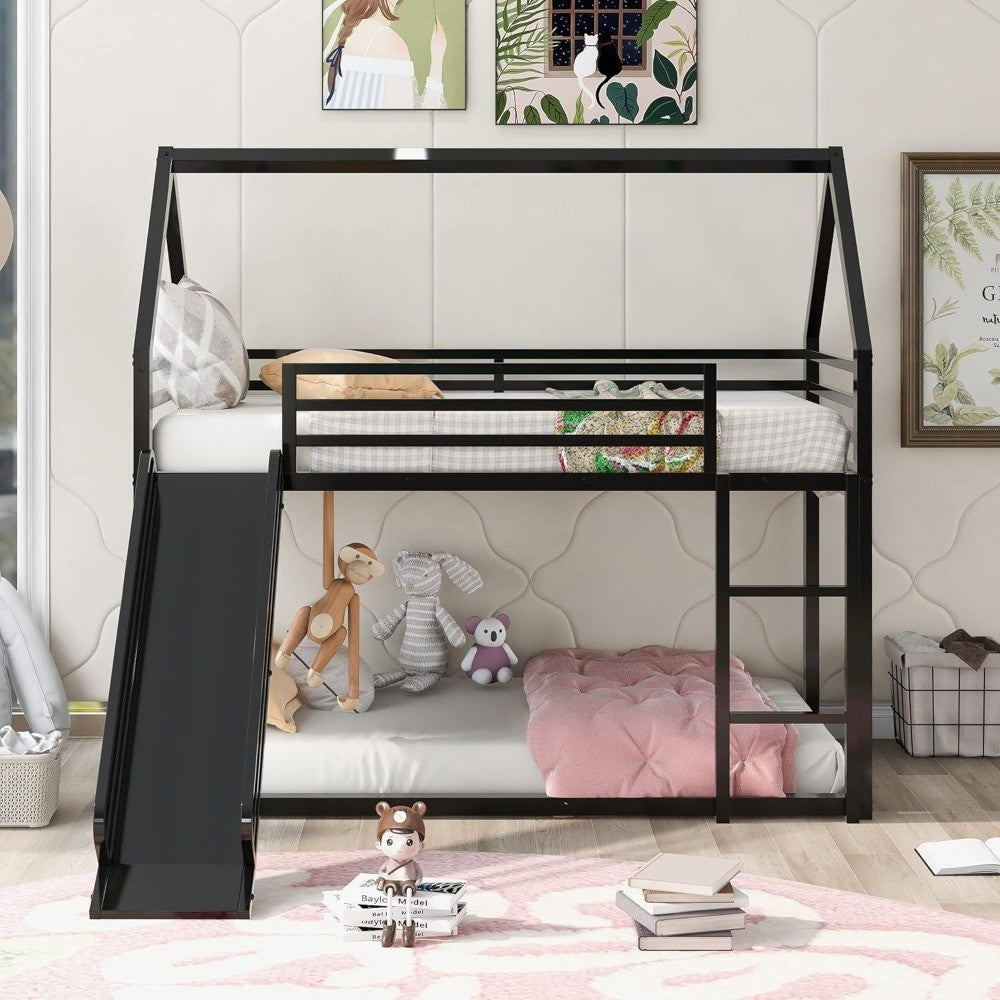 Beliche Duplo com Escorregador, Beliche Baixo Infantil de Metal com Escada e Guarda-Corpo de Comprimento Total para Menina, Menino