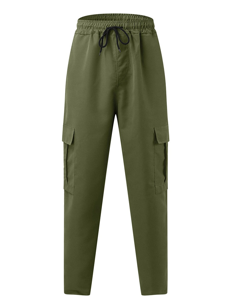 Men s Loose Cargo Long Pants Solid Color Drawstring Waist Straight Leg Trousers Casual Work Pants with Pockets