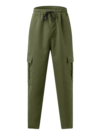 Men s Loose Cargo Long Pants Solid Color Drawstring Waist Straight Leg Trousers Casual Work Pants with Pockets