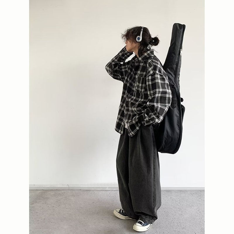 Japanese Cargo Shirt Men Women Vintage Black White Checkered Loose Long-sleeved Tops Spring Casual Lapel Unisex Oversize Shirts