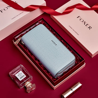 FOXER Split Leather Lady's Wallet Bifold Long Clutch Bag with Wristlet Fashion Card Holder Coin Purse Cellphone Money Bag