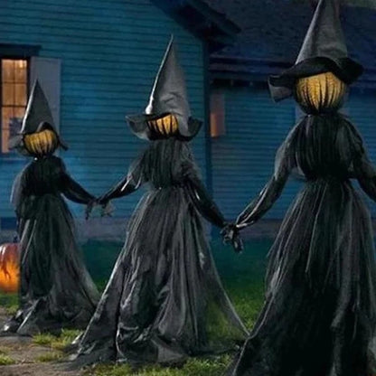 Light-Up Witches with Stakes Halloween Decorations Outdoor Holding Hands Screaming Witches Sound Activated Sensor Decor